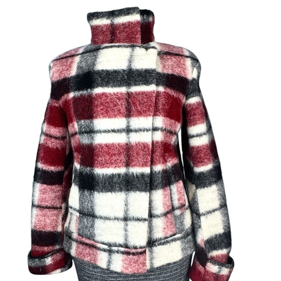 Zara Jackets & Blazers - Zara Wool Mohair Jacket Maroon/Black/White Plaid‎ Asymmetric Snap Close Womens S